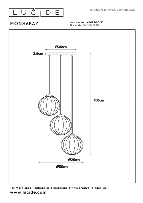 Lucide MONSARAZ - Suspension - Ø 35 cm - 3xE27 - Vert - technique